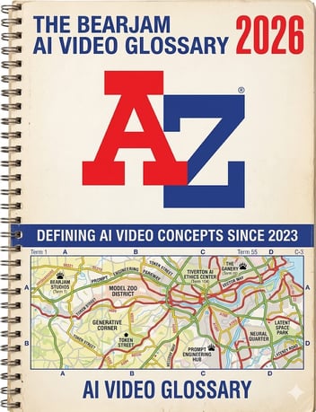 In the style of the iconic A-Z map book cover, create an image for The BearJam AI Video Glossary.