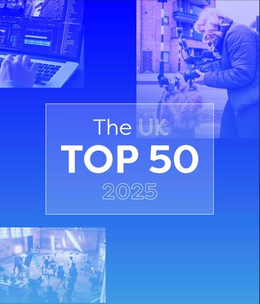 Poster image of Top 50 Uk Production Companies with pictures of crews at work