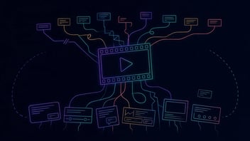 Abstract editorial illustration showing a fragmented AI video production workflow. A central film frame node splits into multiple diverging paths that break, cross, loop back and terminate without connecting, representing the disjointed handoffs between tools, teams and platforms in AI-augmented video production.