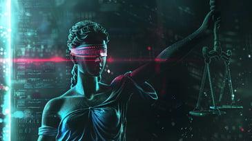 A futuristic statue of justice symbol blindfolded by data and code.