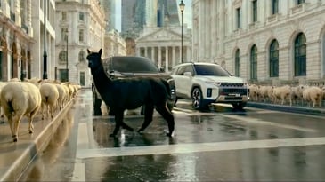 A frame from an AI generated car advert featuring an alpaca in London